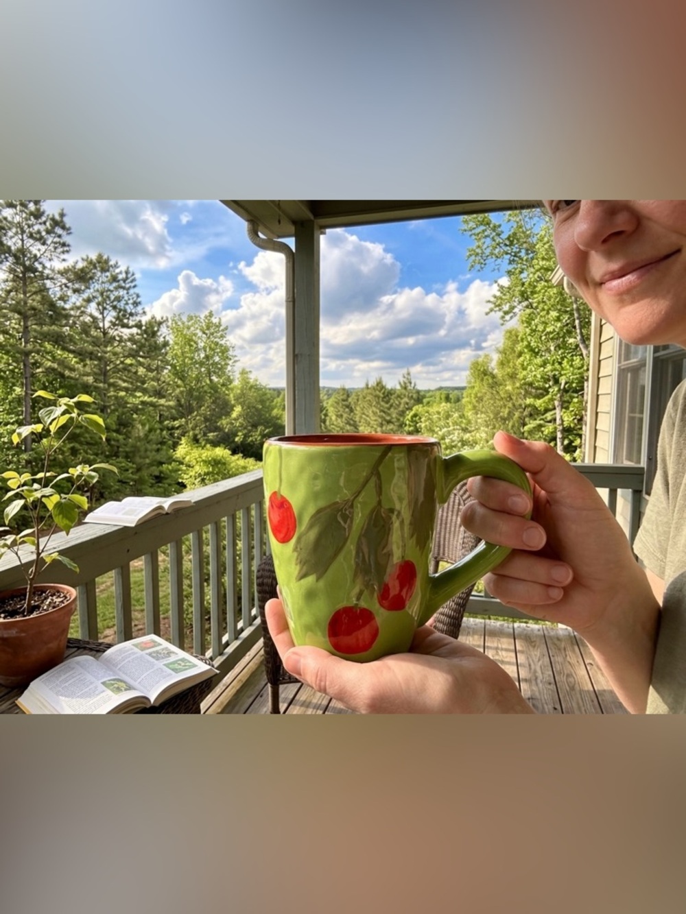 TAG Cherry Mug, Green Hand-Painted 16oz Ceramic Coffee Cup, Large Fruit Pattern